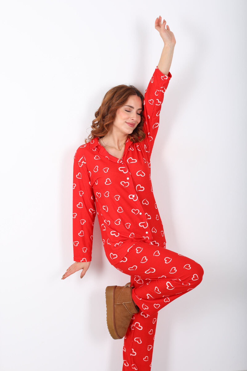 Beyaz Kalp Detaylı Kırmızı Kadın Yumoş Pijama Takım - 1
