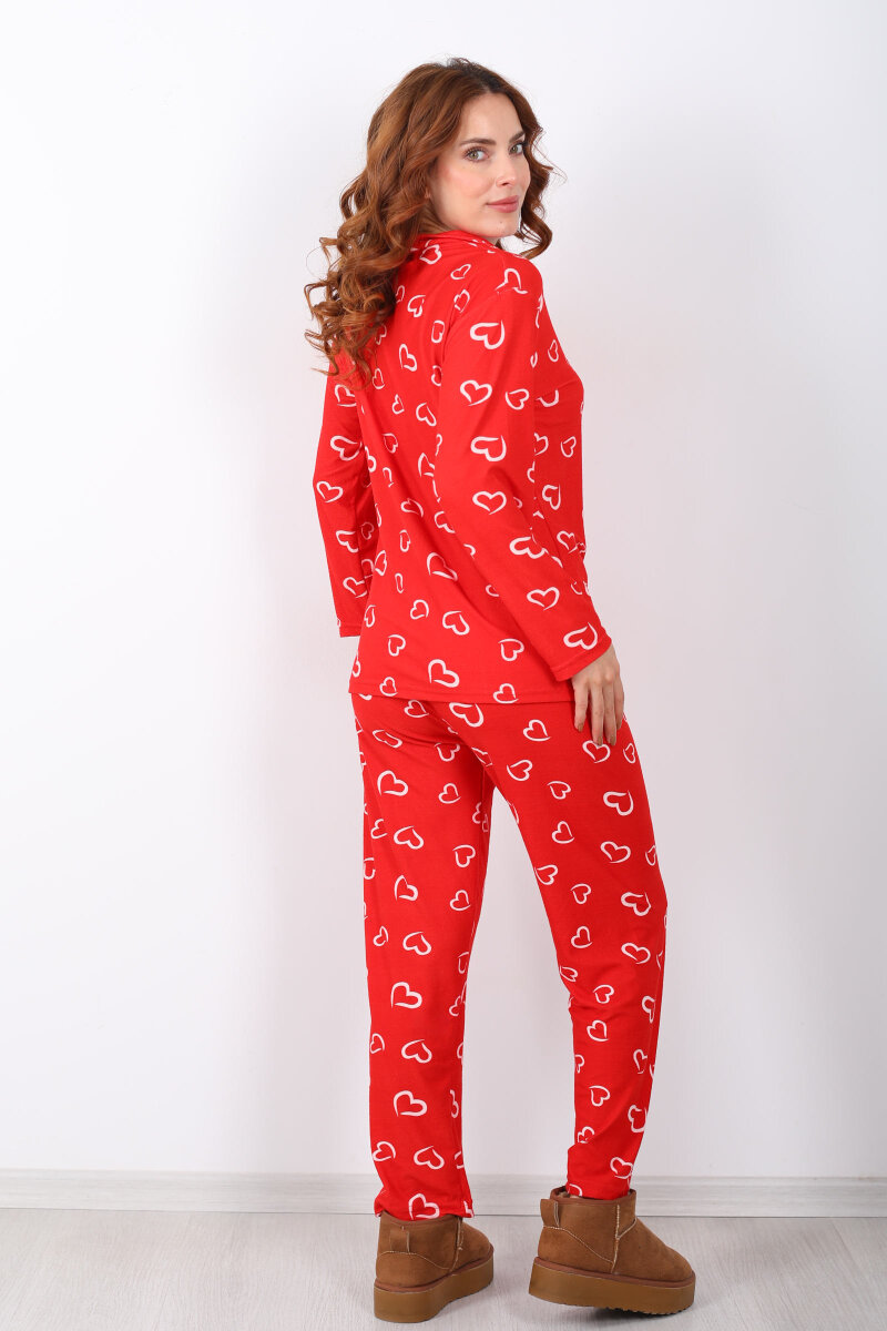 Beyaz Kalp Detaylı Kırmızı Kadın Yumoş Pijama Takım - 5