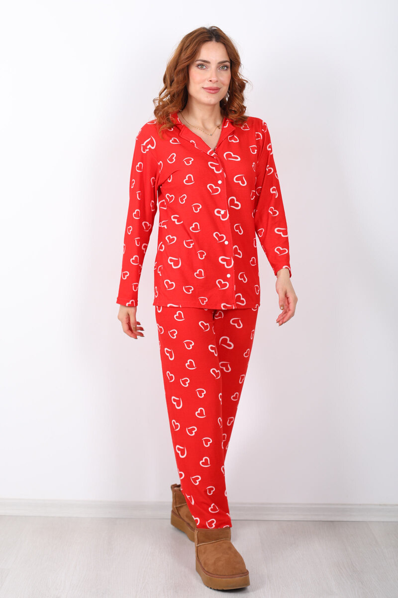 Beyaz Kalp Detaylı Kırmızı Kadın Yumoş Pijama Takım - 4