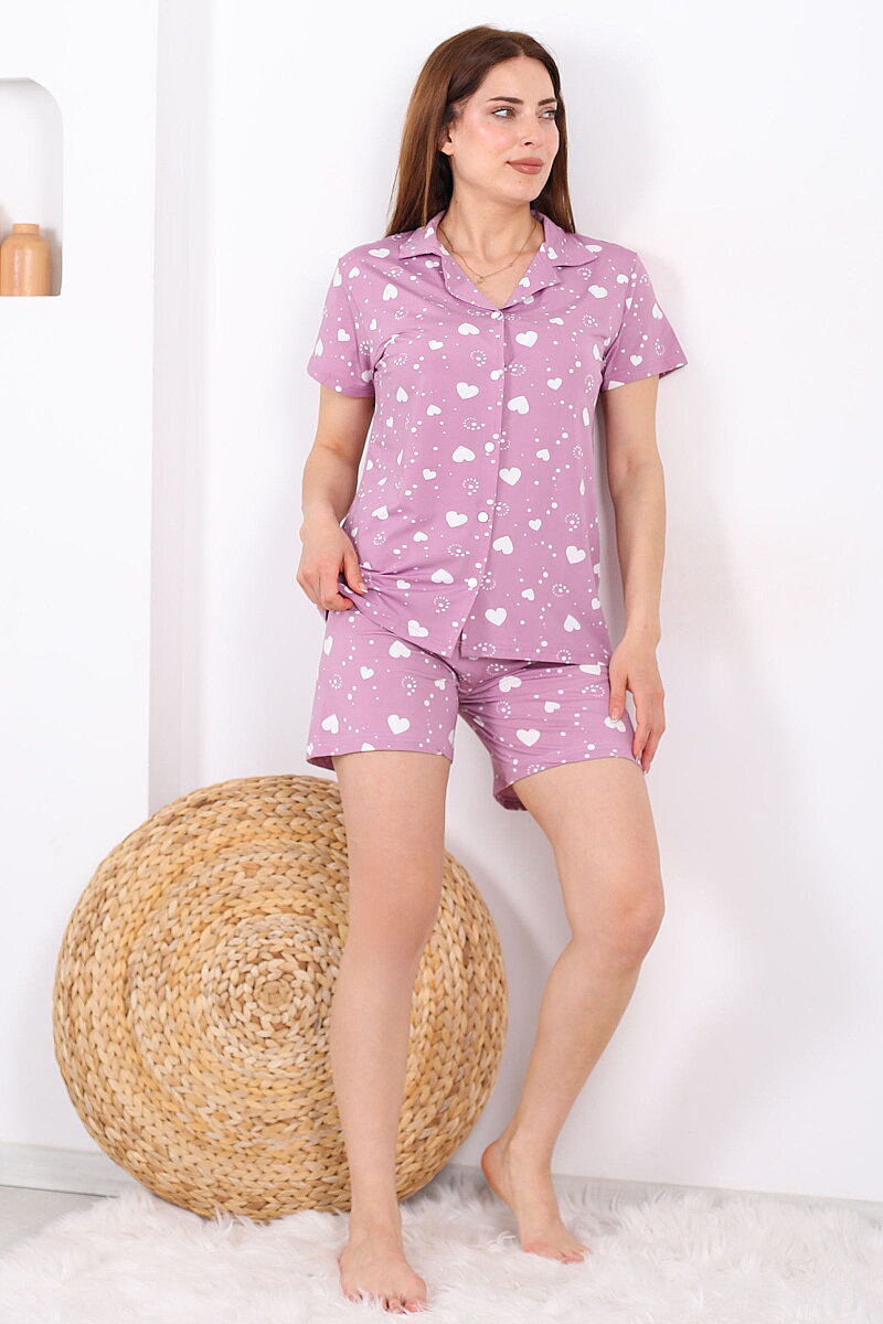 Beyaz Kalpli Düğmeli Lila Kadın Şortlu Pijama Takımı - 3