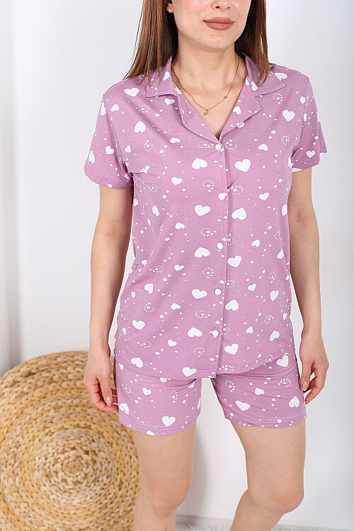 Beyaz Kalpli Düğmeli Lila Kadın Şortlu Pijama Takımı - Berox (1)