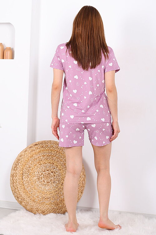Beyaz Kalpli Düğmeli Lila Kadın Şortlu Pijama Takımı - 5