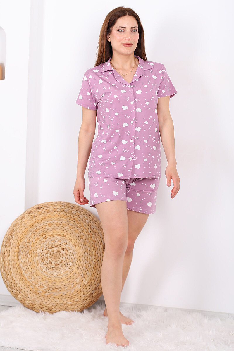 Beyaz Kalpli Düğmeli Lila Kadın Şortlu Pijama Takımı - 6
