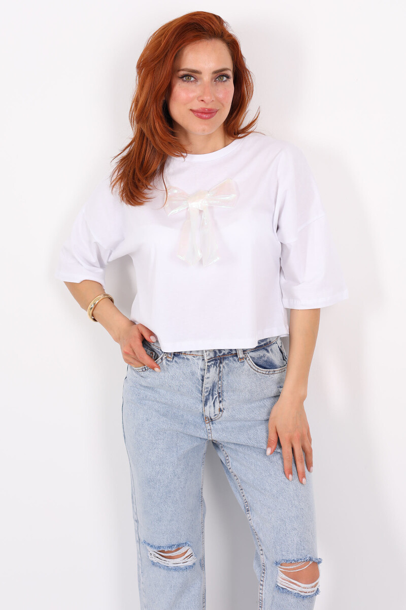 Beyaz Kurdeleli Bisiklet Yaka Oversize Beyaz Kadın T-Shirt - 3