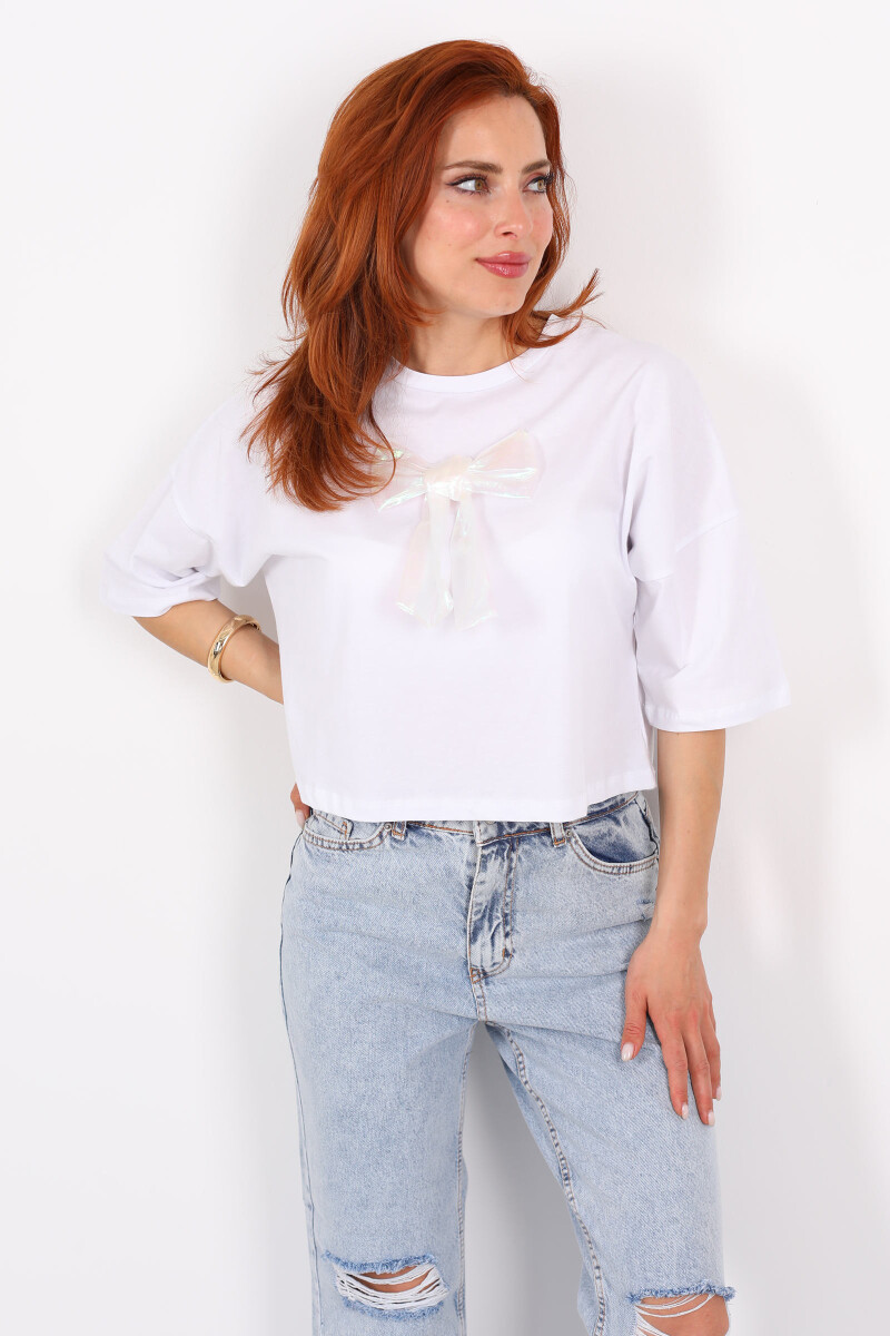 Beyaz Kurdeleli Bisiklet Yaka Oversize Beyaz Kadın T-Shirt - 4