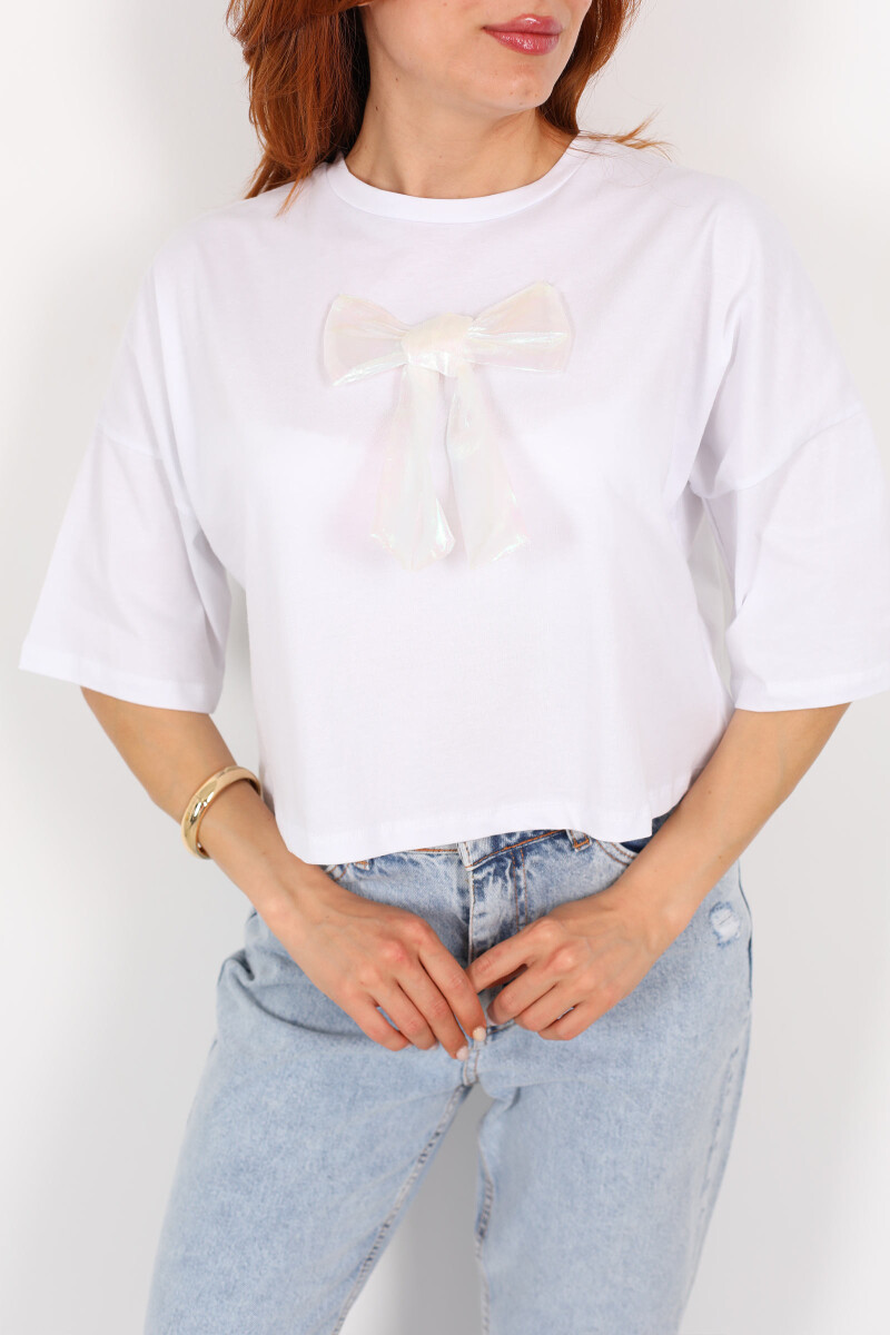 Beyaz Kurdeleli Bisiklet Yaka Oversize Beyaz Kadın T-Shirt - 2