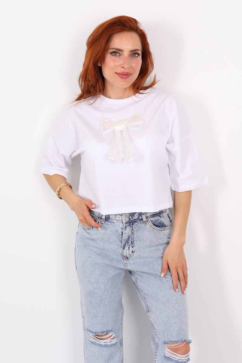 Beyaz Kurdeleli Bisiklet Yaka Oversize Beyaz Kadın T-Shirt - 1