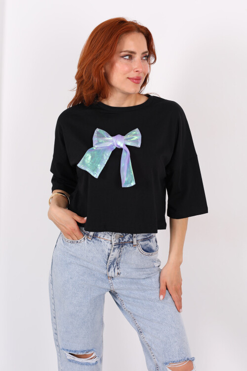 Beyaz Kurdeleli Bisiklet Yaka Oversize Siyah Kadın T-Shirt - 4