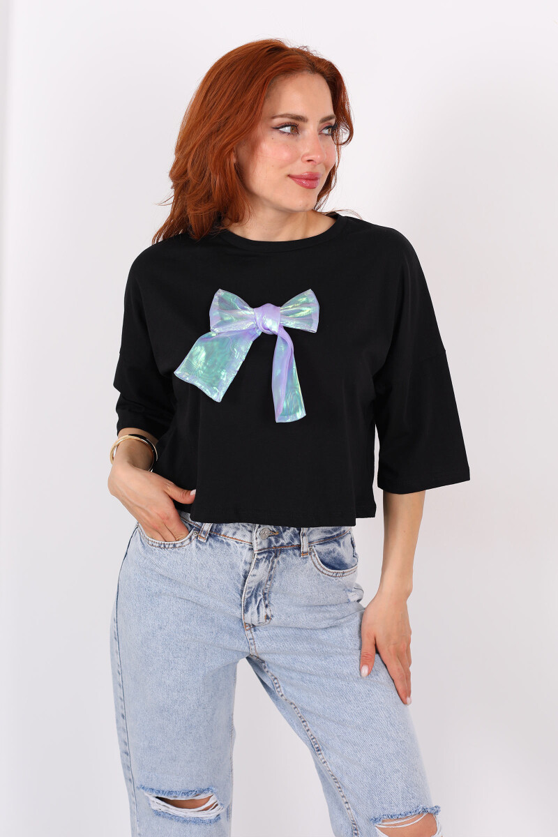 Beyaz Kurdeleli Bisiklet Yaka Oversize Siyah Kadın T-Shirt - 4
