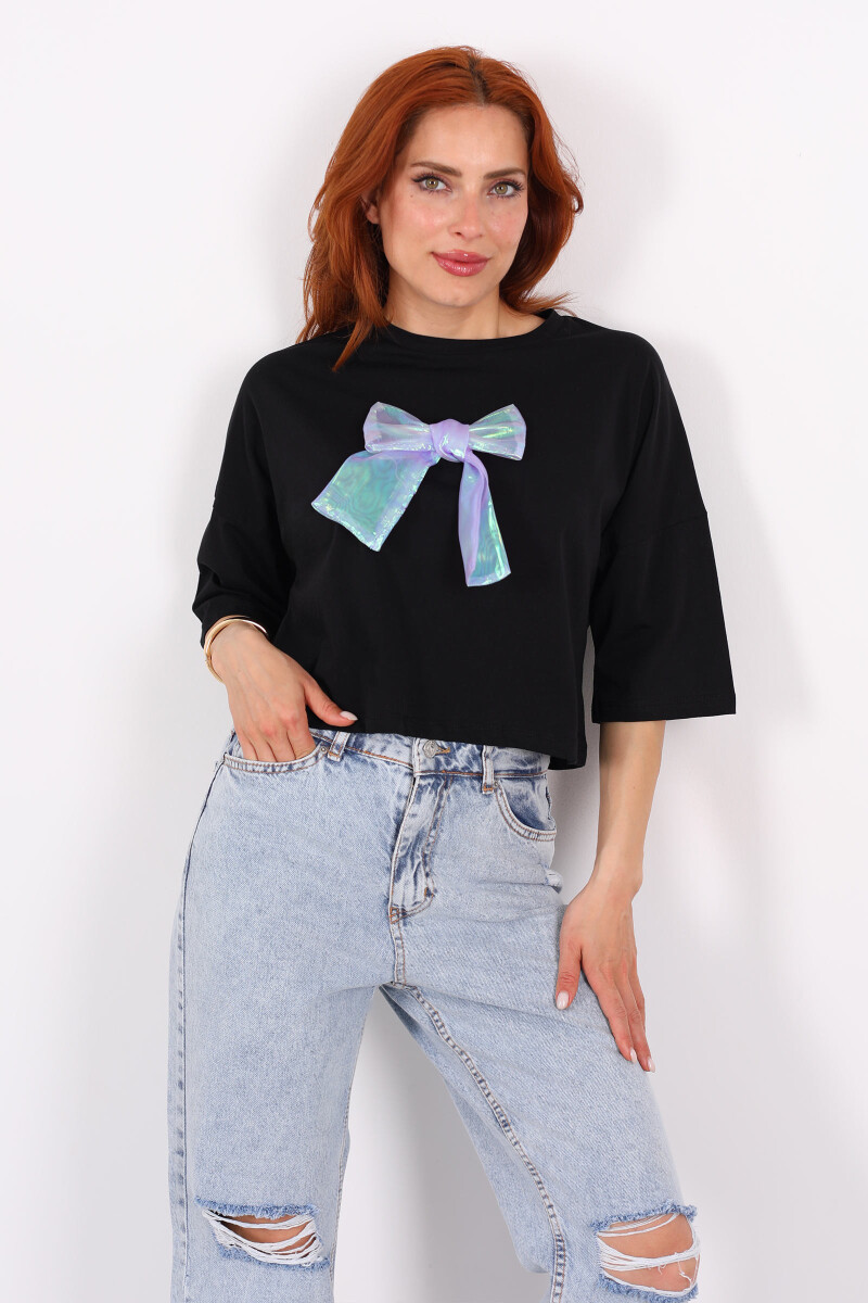 Beyaz Kurdeleli Bisiklet Yaka Oversize Siyah Kadın T-Shirt - 3