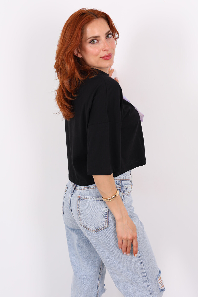Beyaz Kurdeleli Bisiklet Yaka Oversize Siyah Kadın T-Shirt - 5