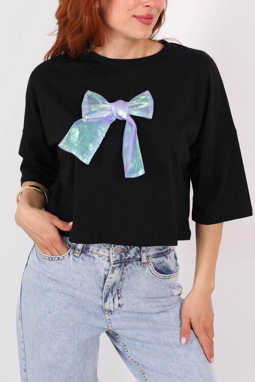 Beyaz Kurdeleli Bisiklet Yaka Oversize Siyah Kadın T-Shirt - 2