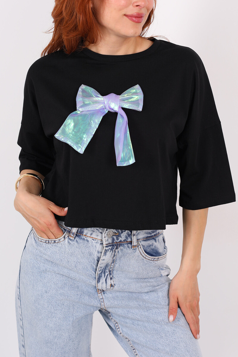Beyaz Kurdeleli Bisiklet Yaka Oversize Siyah Kadın T-Shirt - 2