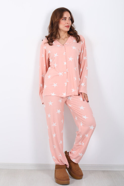 Beyaz Yıldız Desenli Pudra Kadın Gömlek Pijama Takım - 4