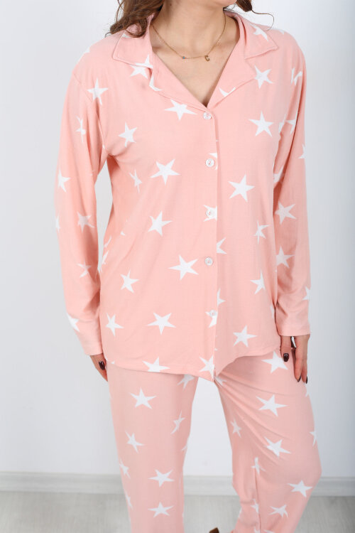 Beyaz Yıldız Desenli Pudra Kadın Gömlek Pijama Takım - Berox (1)