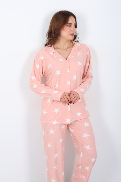 Beyaz Yıldız Desenli Pudra Kadın Gömlek Pijama Takım - 3