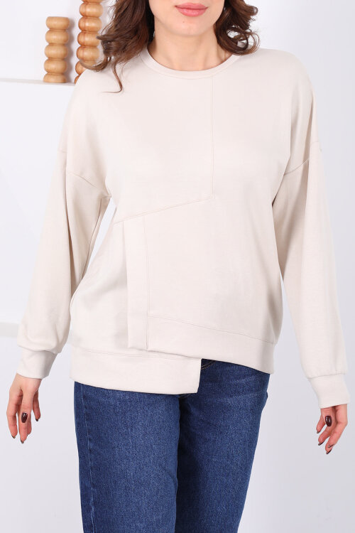 Bisiklet Yaka Asimetrik Parçalı Bej Kadın Sweat - Berox (1)