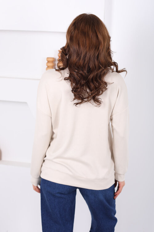 Bisiklet Yaka Asimetrik Parçalı Bej Kadın Sweat - 4