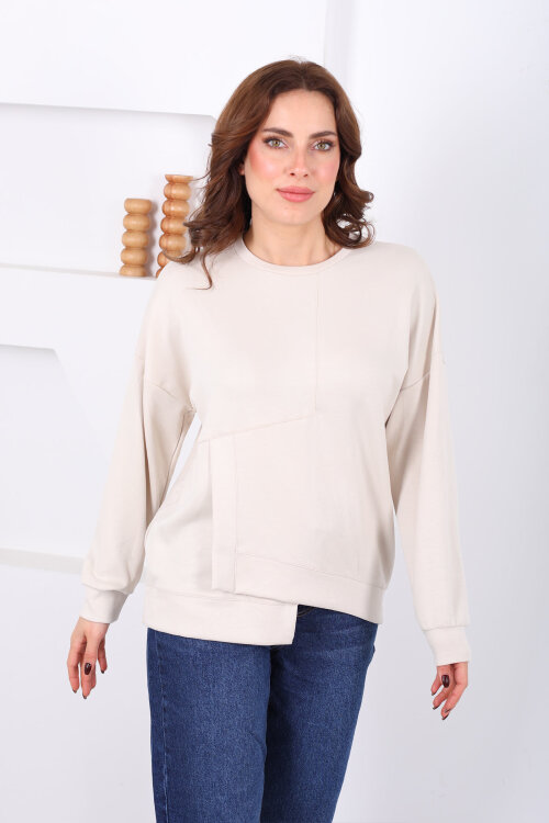 Bisiklet Yaka Asimetrik Parçalı Bej Kadın Sweat - 5