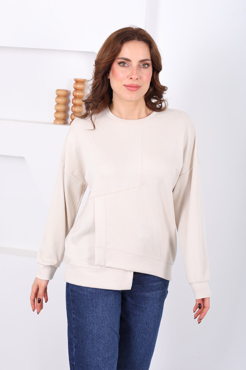 Bisiklet Yaka Asimetrik Parçalı Bej Kadın Sweat - 5