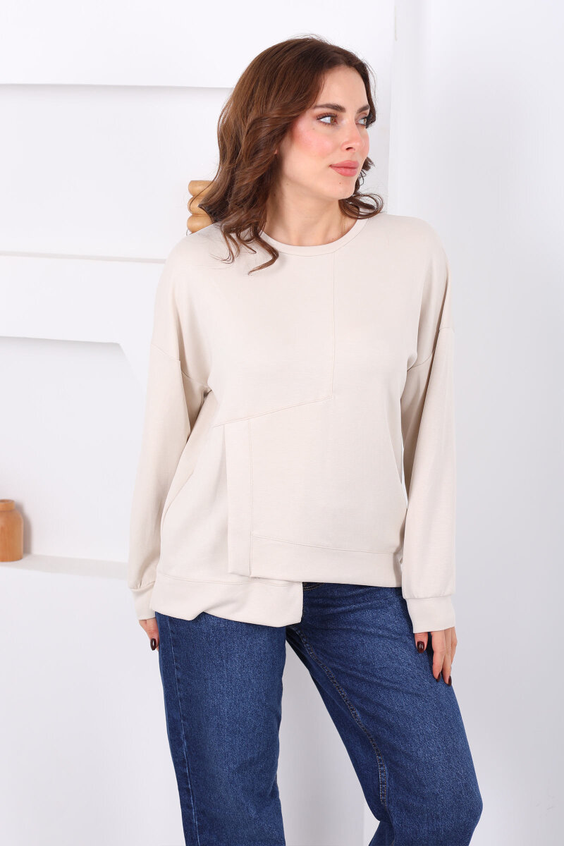 Bisiklet Yaka Asimetrik Parçalı Bej Kadın Sweat - 1