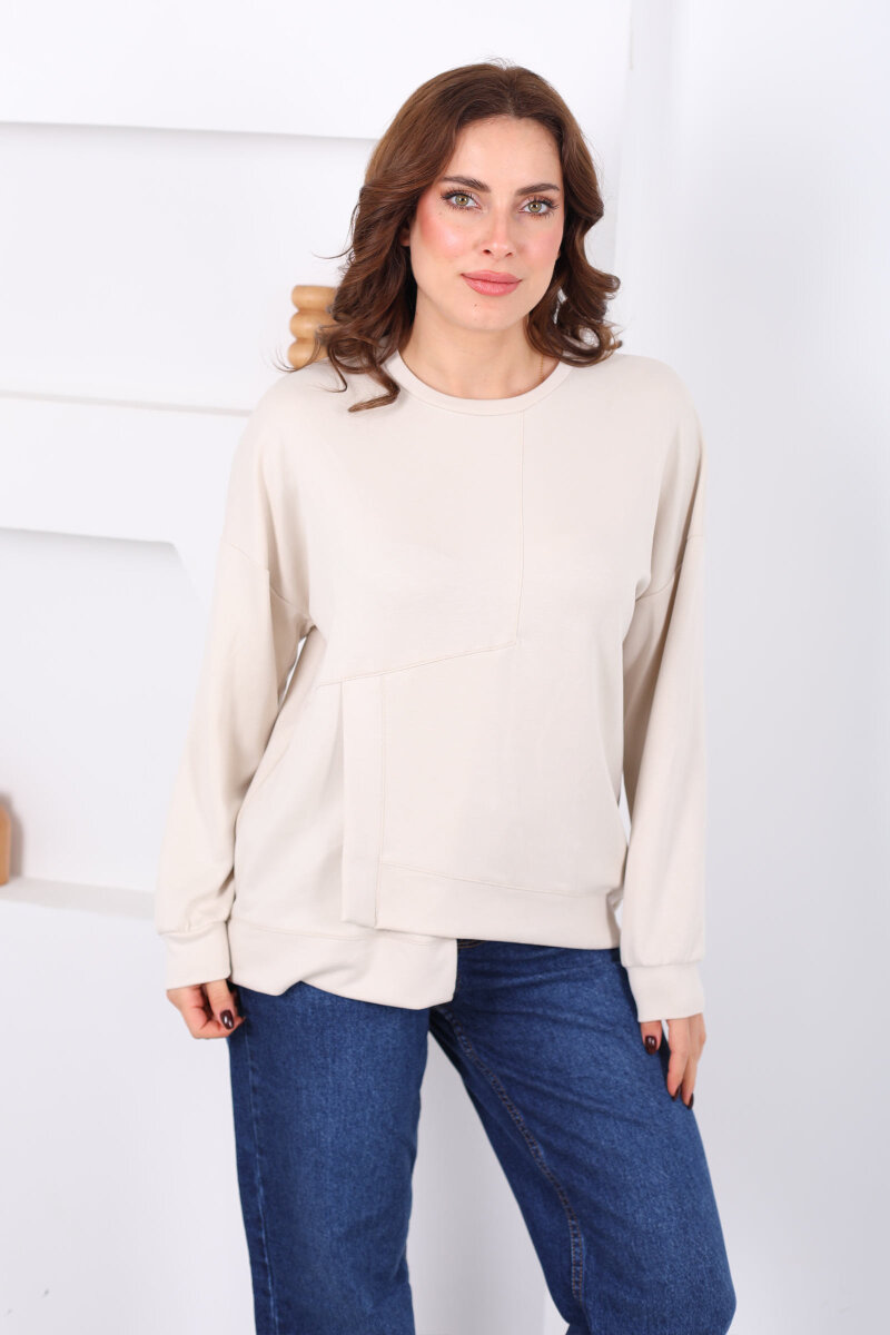 Bisiklet Yaka Asimetrik Parçalı Bej Kadın Sweat - 3