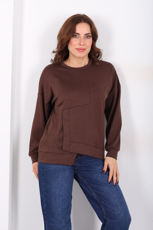 Bisiklet Yaka Asimetrik Parçalı Kahverengi Kadın Sweat - 5