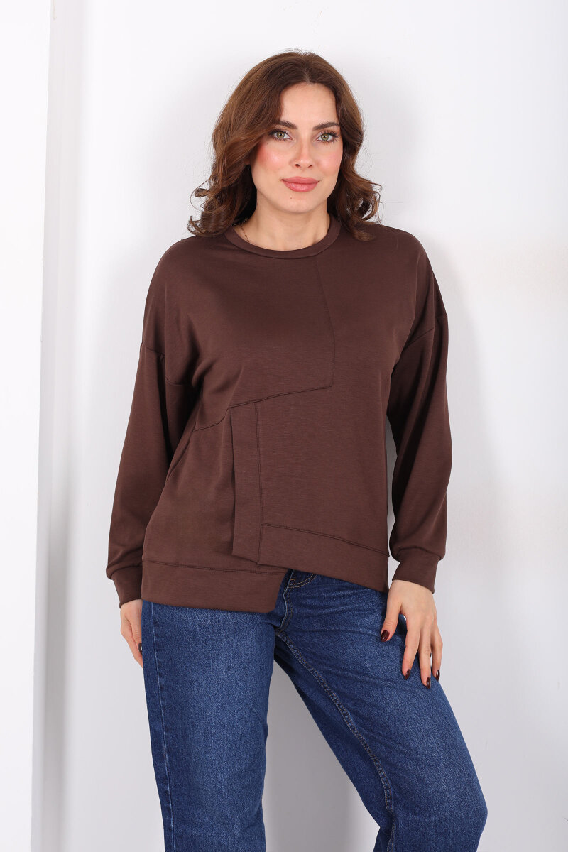 Bisiklet Yaka Asimetrik Parçalı Kahverengi Kadın Sweat - 5