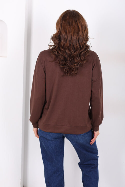 Bisiklet Yaka Asimetrik Parçalı Kahverengi Kadın Sweat - 4