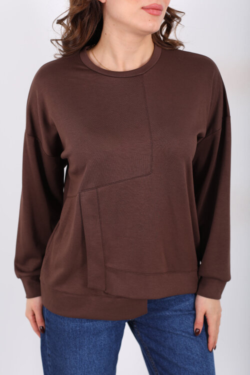 Bisiklet Yaka Asimetrik Parçalı Kahverengi Kadın Sweat - Berox (1)
