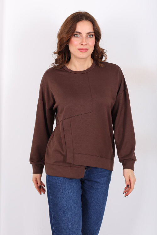 Bisiklet Yaka Asimetrik Parçalı Kahverengi Kadın Sweat - 3