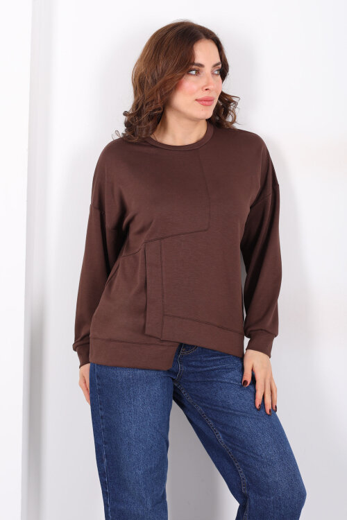 Bisiklet Yaka Asimetrik Parçalı Kahverengi Kadın Sweat - Berox