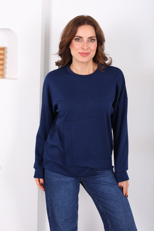 Bisiklet Yaka Asimetrik Parçalı Lacivert Kadın Sweat - 5