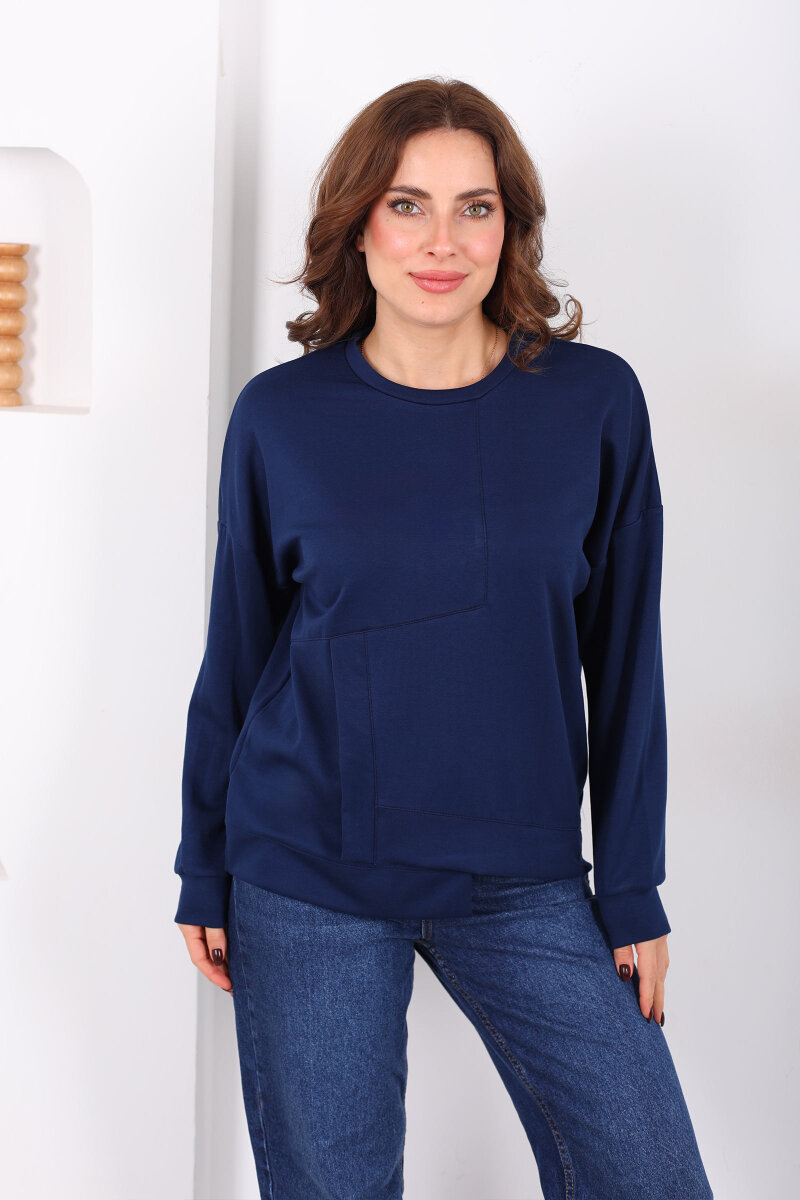 Bisiklet Yaka Asimetrik Parçalı Lacivert Kadın Sweat - 5
