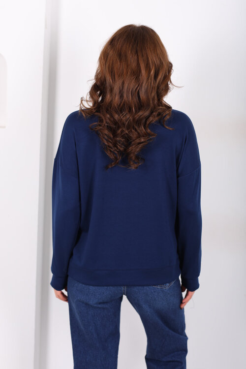 Bisiklet Yaka Asimetrik Parçalı Lacivert Kadın Sweat - 4