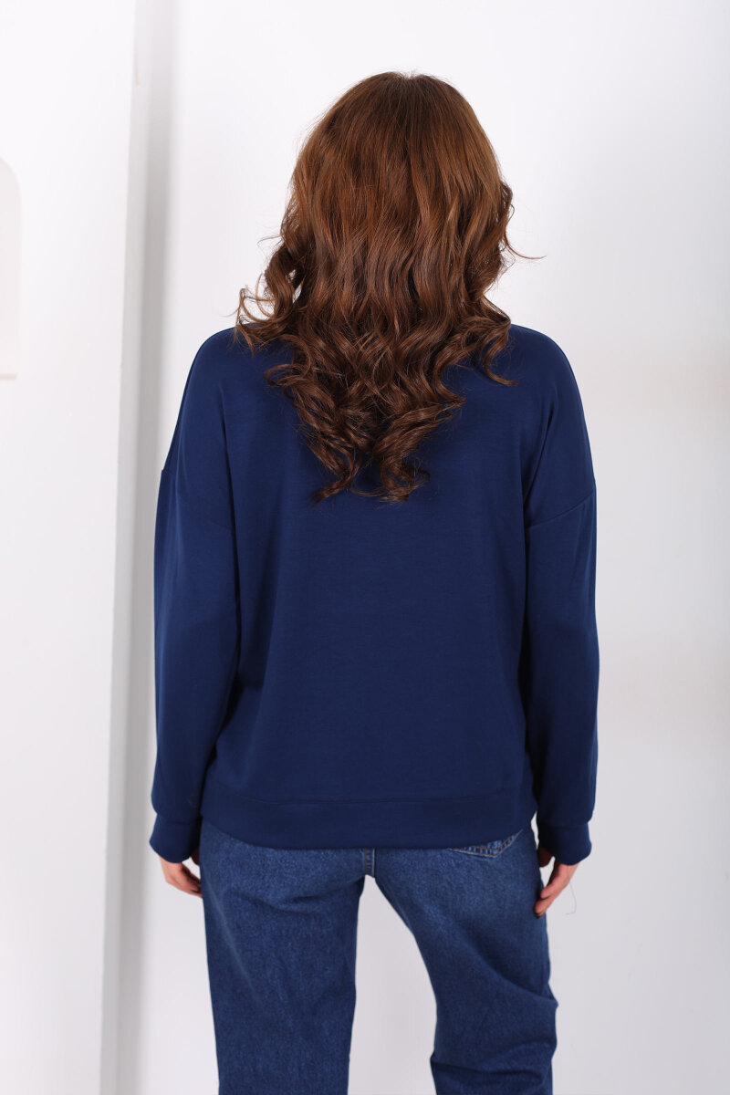 Bisiklet Yaka Asimetrik Parçalı Lacivert Kadın Sweat - 4
