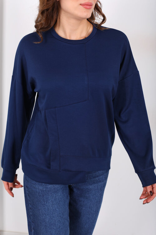Bisiklet Yaka Asimetrik Parçalı Lacivert Kadın Sweat - Berox (1)