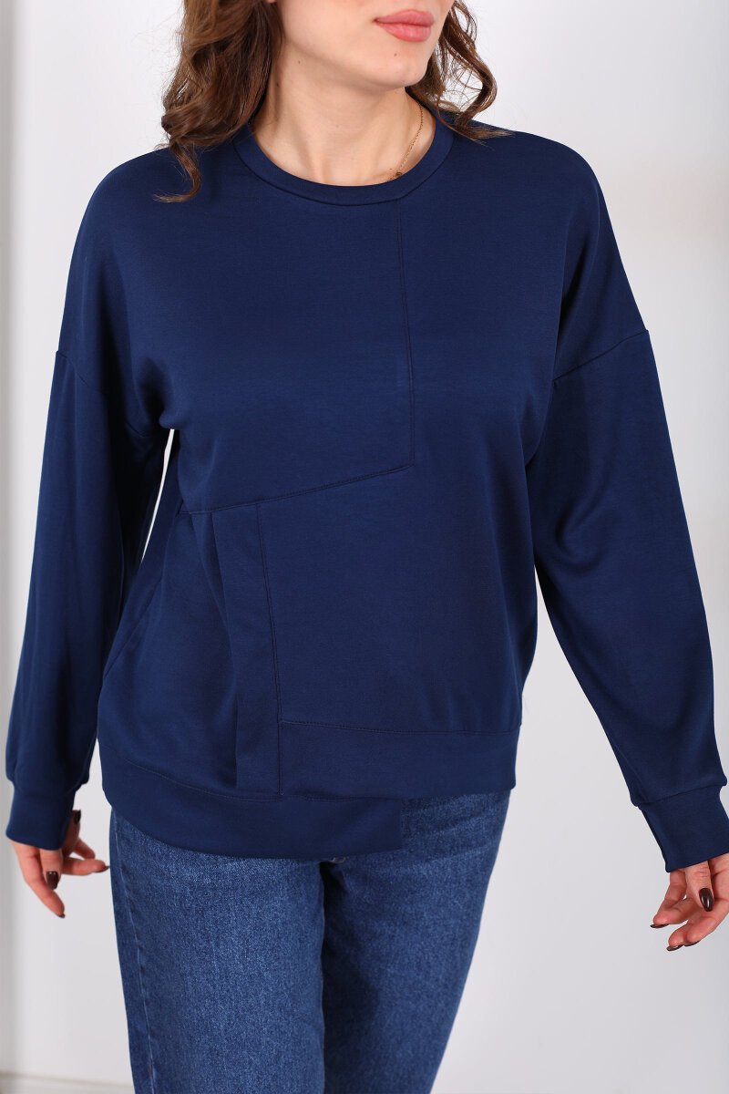 Bisiklet Yaka Asimetrik Parçalı Lacivert Kadın Sweat - 2