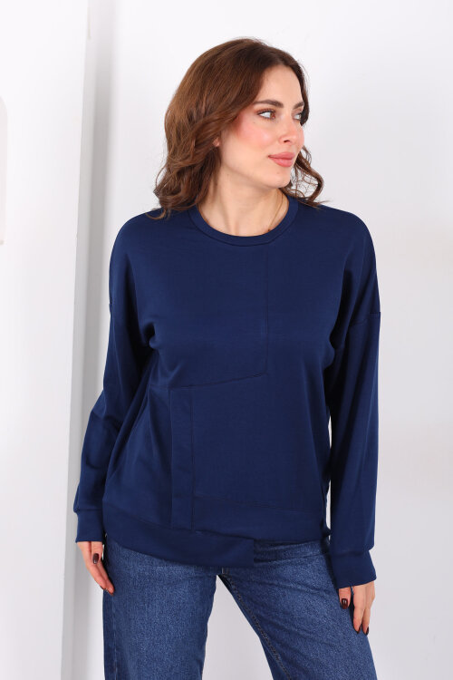 Bisiklet Yaka Asimetrik Parçalı Lacivert Kadın Sweat - 3