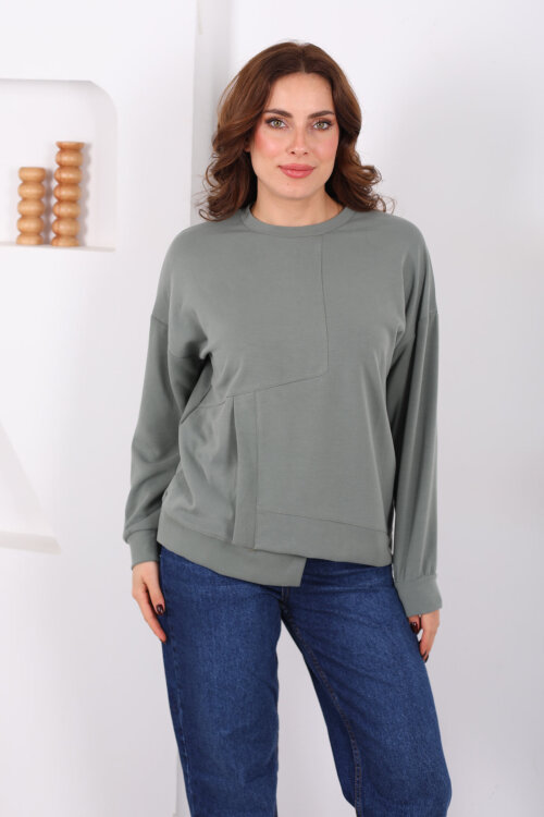 Bisiklet Yaka Asimetrik Parçalı Mint Yeşili Kadın Sweat - 4