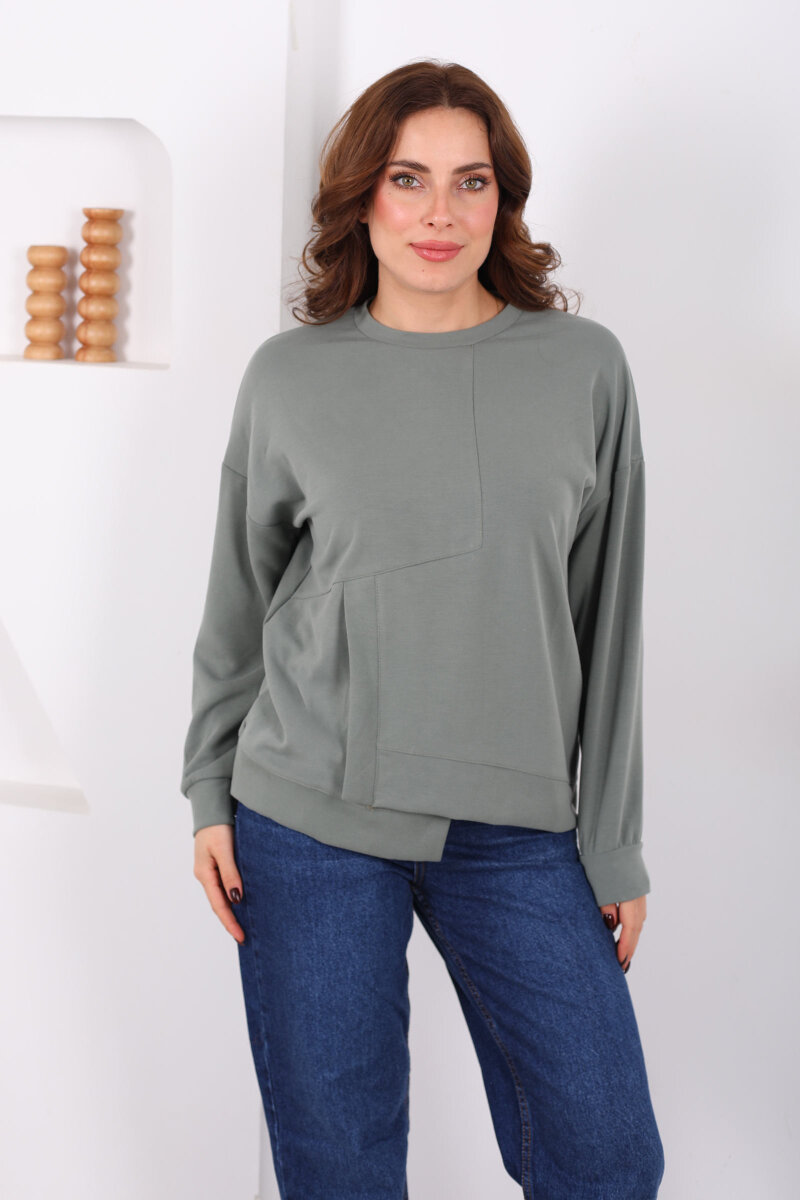 Bisiklet Yaka Asimetrik Parçalı Mint Yeşili Kadın Sweat - 4