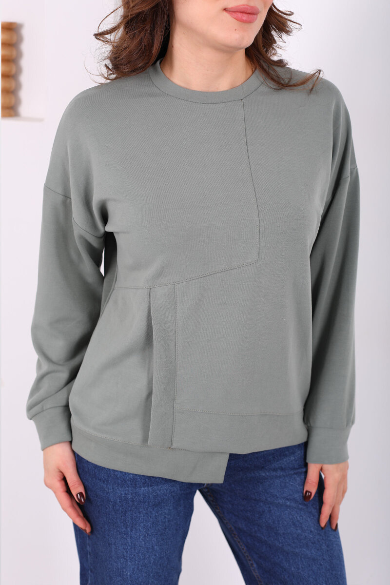 Bisiklet Yaka Asimetrik Parçalı Mint Yeşili Kadın Sweat - 2