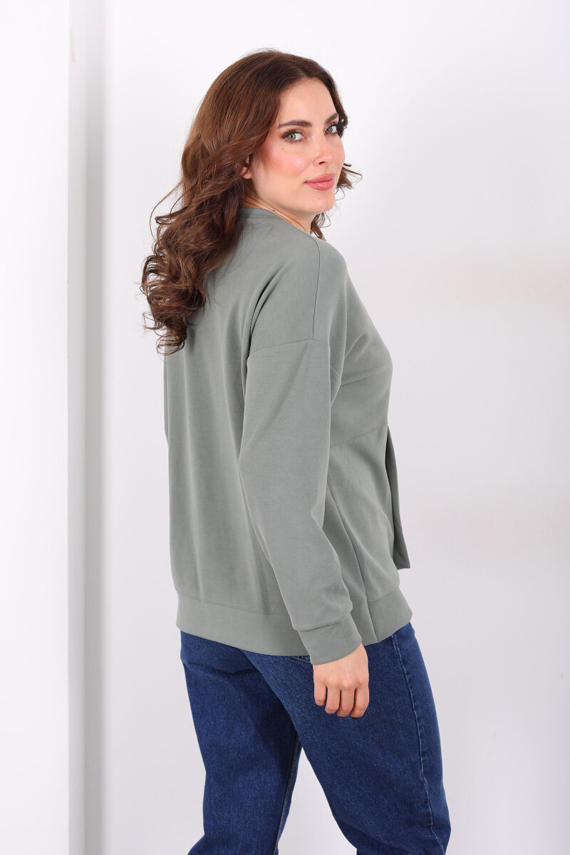 Bisiklet Yaka Asimetrik Parçalı Mint Yeşili Kadın Sweat - 5