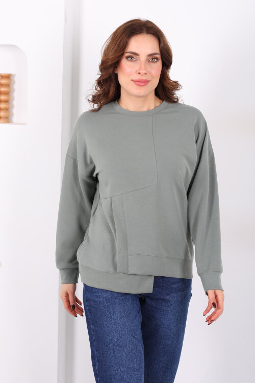 Bisiklet Yaka Asimetrik Parçalı Mint Yeşili Kadın Sweat - 6