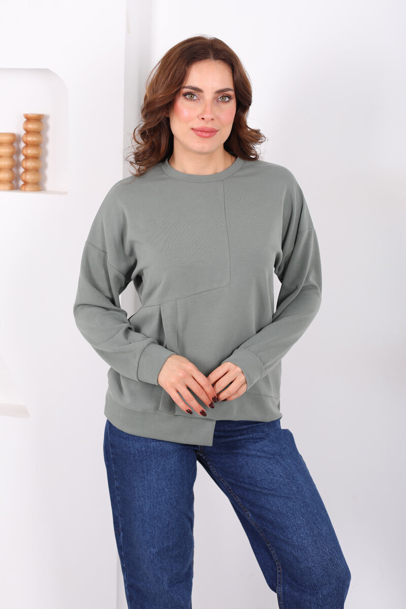 Bisiklet Yaka Asimetrik Parçalı Mint Yeşili Kadın Sweat - 3