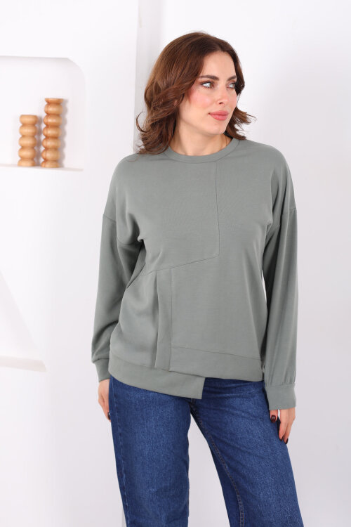 Bisiklet Yaka Asimetrik Parçalı Mint Yeşili Kadın Sweat - Berox