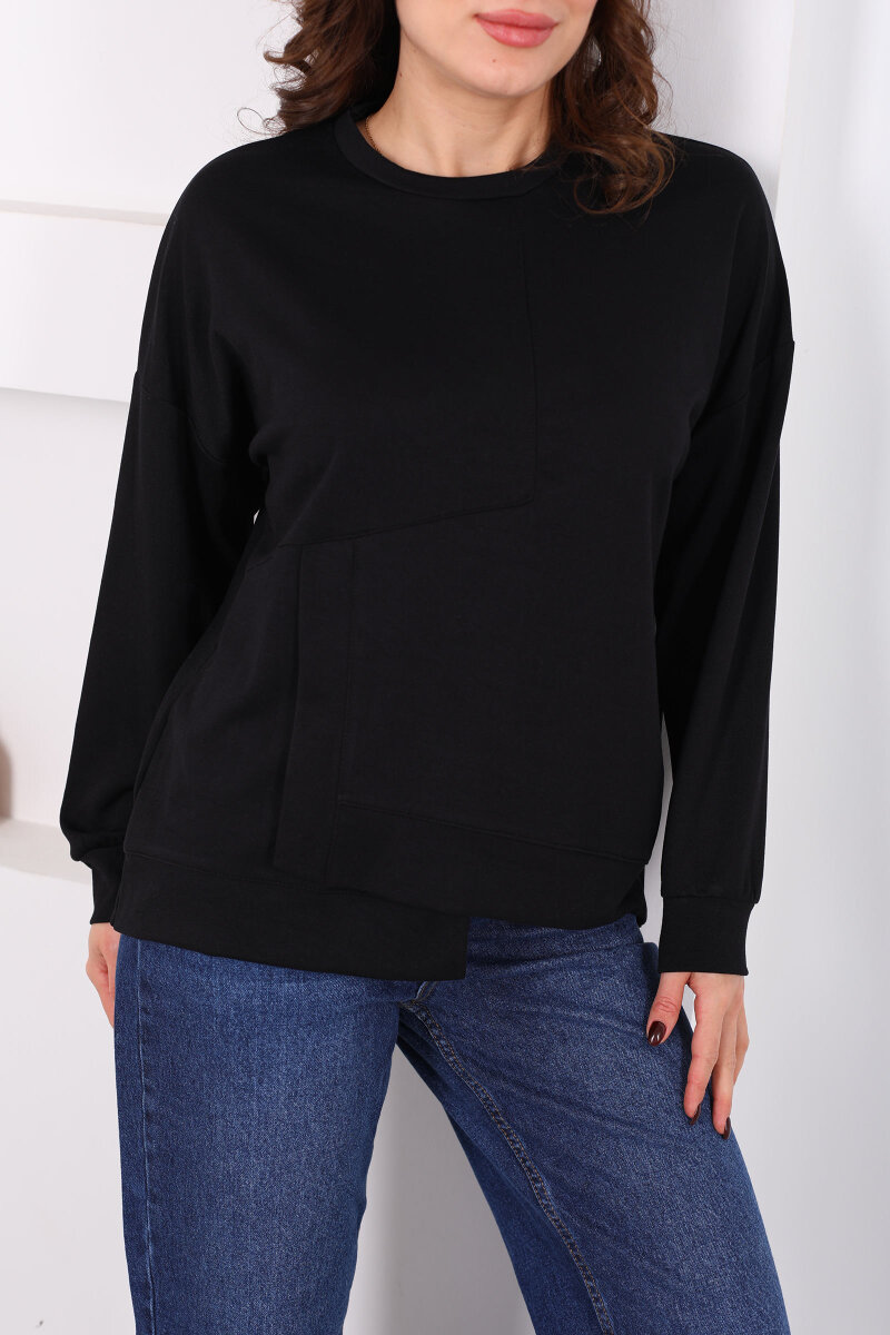 Bisiklet Yaka Asimetrik Parçalı Siyah Kadın Sweat - 2