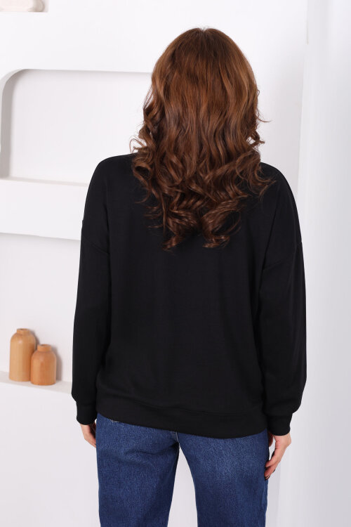 Bisiklet Yaka Asimetrik Parçalı Siyah Kadın Sweat - 4