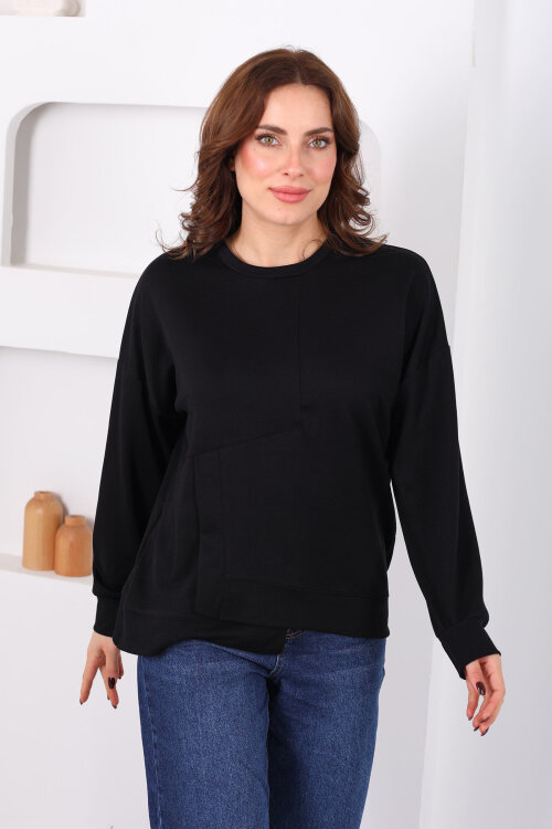 Bisiklet Yaka Asimetrik Parçalı Siyah Kadın Sweat - 5