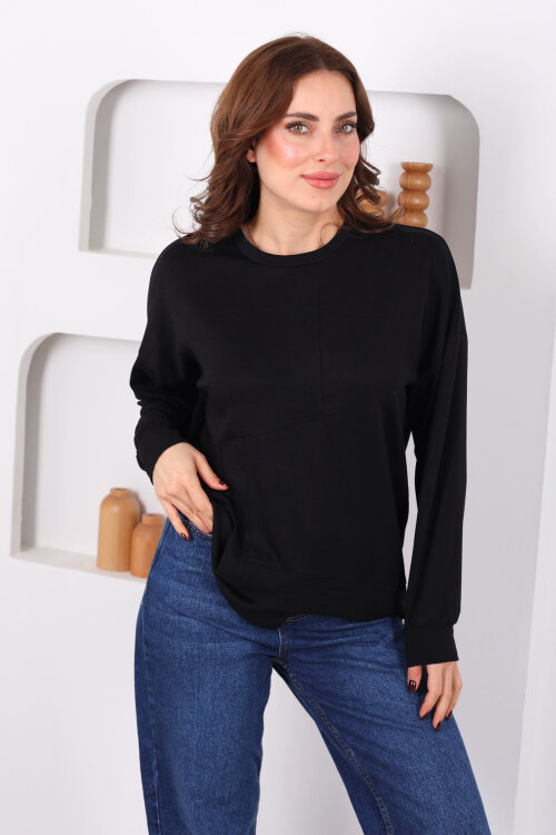 Bisiklet Yaka Asimetrik Parçalı Siyah Kadın Sweat - Berox